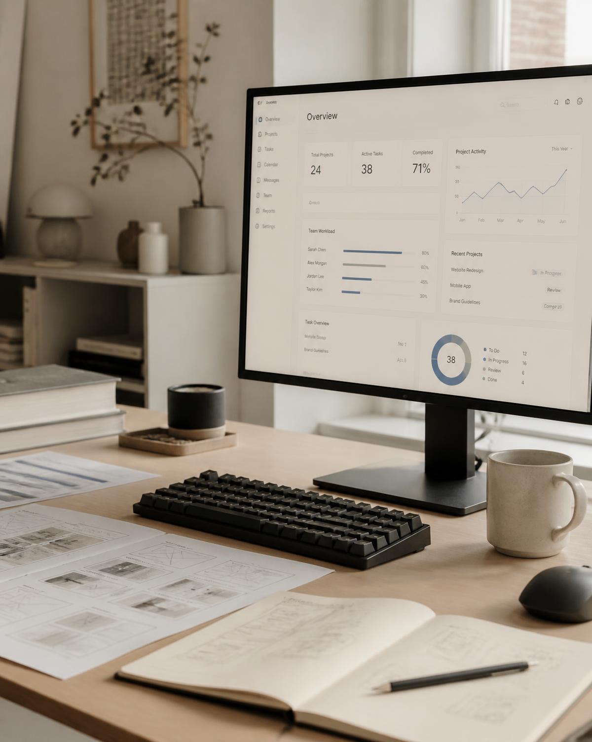 Brevalen's studio: a quiet desk with a monitor showing a product interface, notebooks and printed wireframes